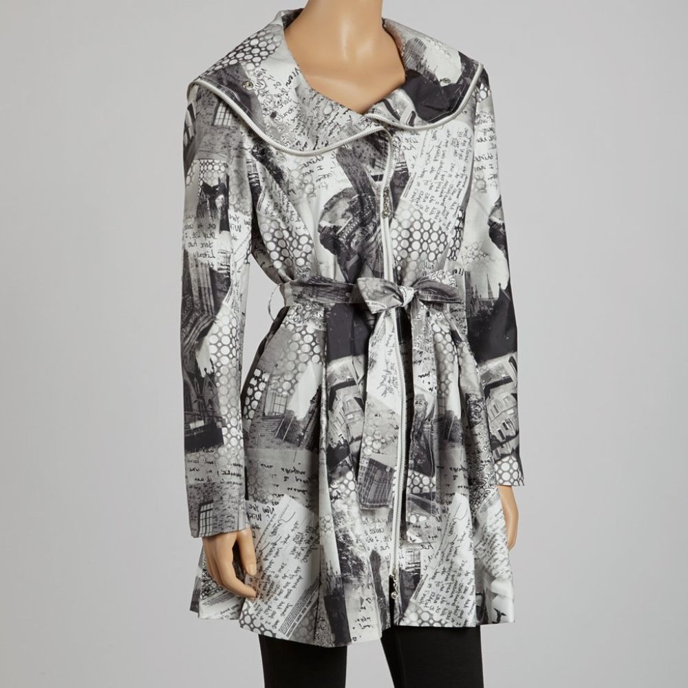 Samuel Dong Gray Newspaper Zip Up Trench Coat with Belt
